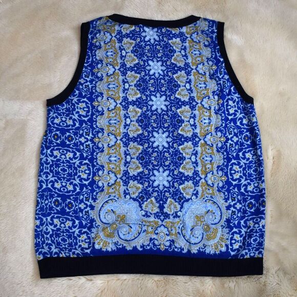 Talbots Sleeveless Sweater Pullover Size M Petite Blue Boho Paisley Vest - Picture 8 of 15